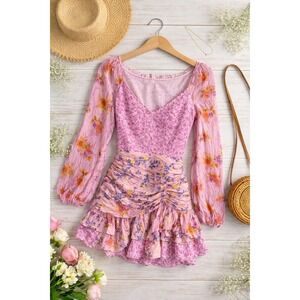 For Love Bell Womens Pink Floral V-Neck Long Sleeve Ruffled Tiered Mini Dress S